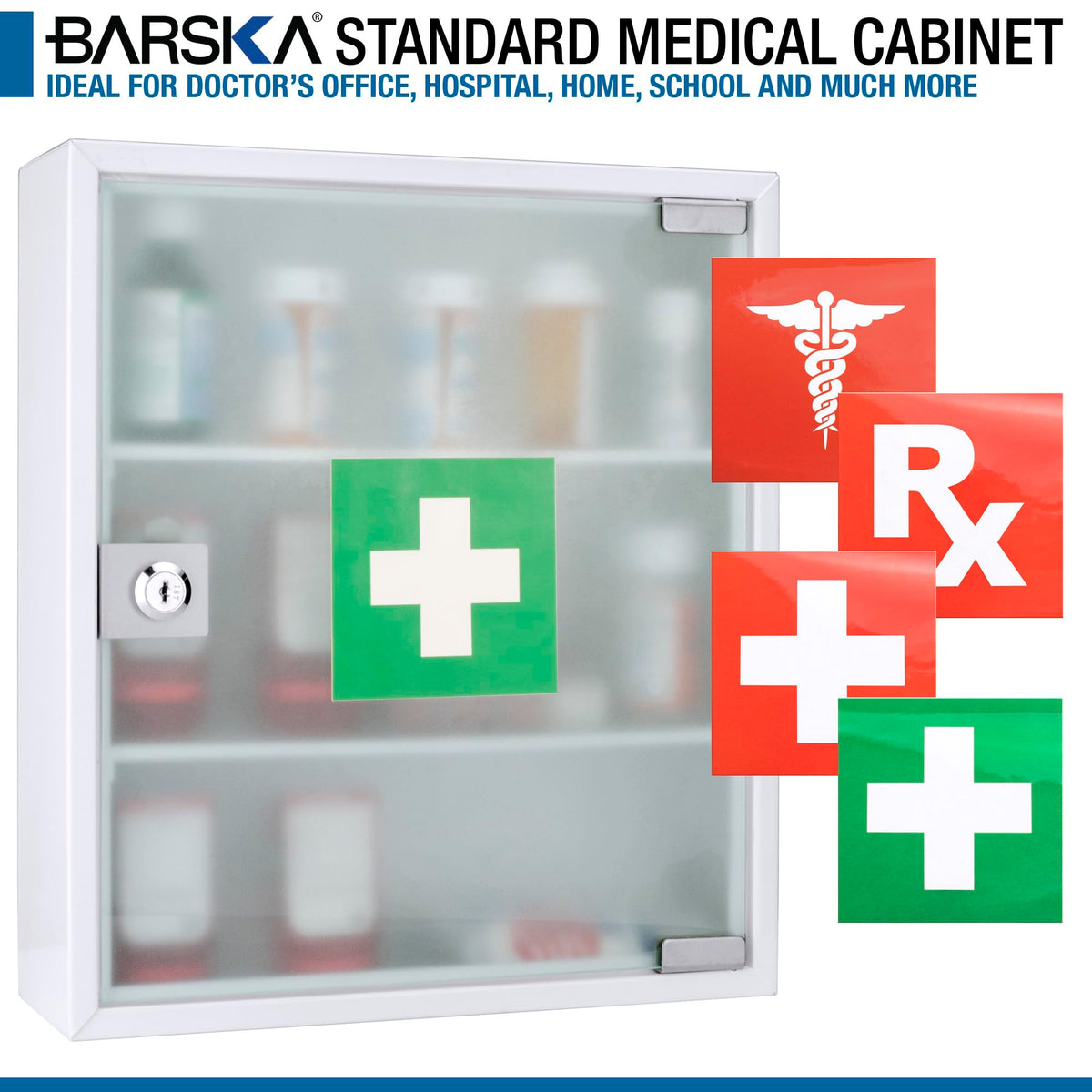 Barska Large Medical Cabinet â Locking Steel Medicine Storage Box with Shelves, Drop-Down Tray, Magnetic Dry Erase Pad, and Wall Mounting Holes - medicine cabinet organizer - Lock Box First Aid