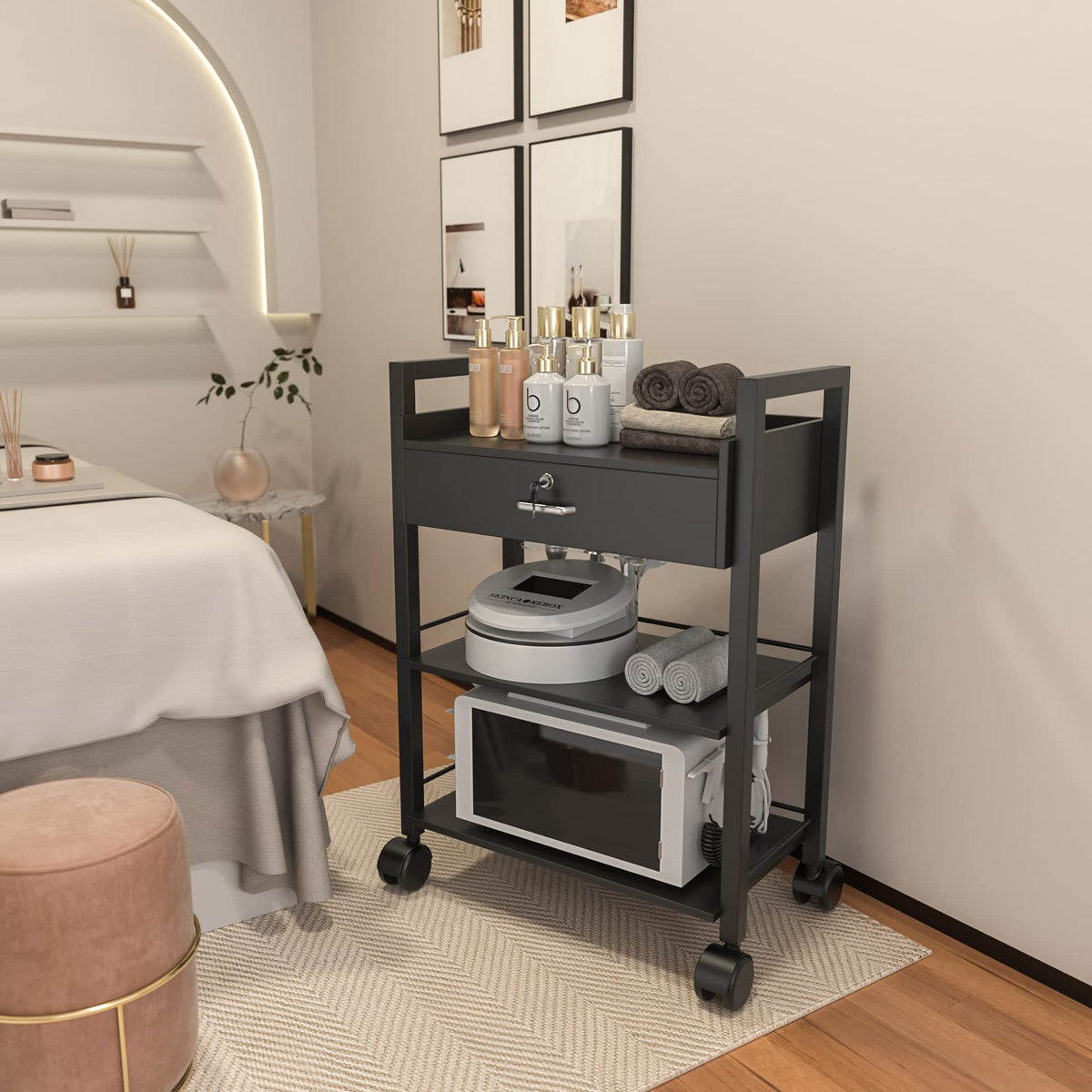 Paddie Salon Trolley Cart, Salon Tray Wooden Mobile Utility Cabinet with 2 Lockable Drawers, Rolling Storage Station Medical Esthetic Supply Holder for Beauty Spa (2 Drawers, White)