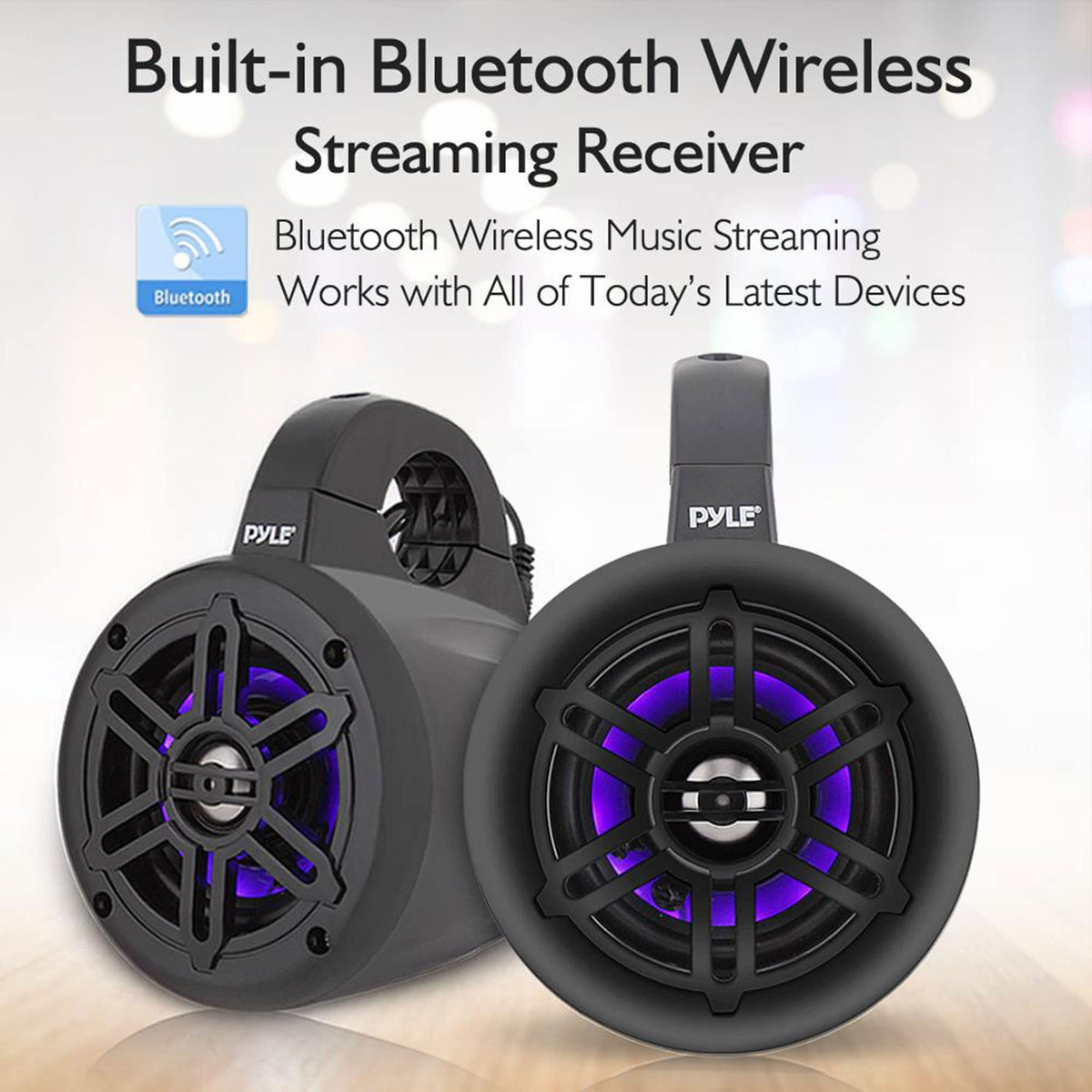 Pyle Waterproof Marine Wakeboard Tower Speakers - 4in Dual Subwoofer Speaker Set w/LED Lights & Bluetooth for Wireless Music Streaming - Boat Audio System w/Mounting Clamps PLMRLEWB47WB (White)