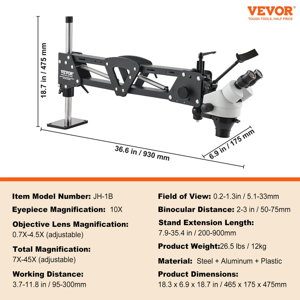 VEVOR Multi-Directional Microscope with Spring Bracket, Micro Jewelry Inlaid Stand, with Integrated USB Ring LED Light, 7X-45X Magnification Jewelry Microscope, Jewelers Microscope for Jewelry Inlay