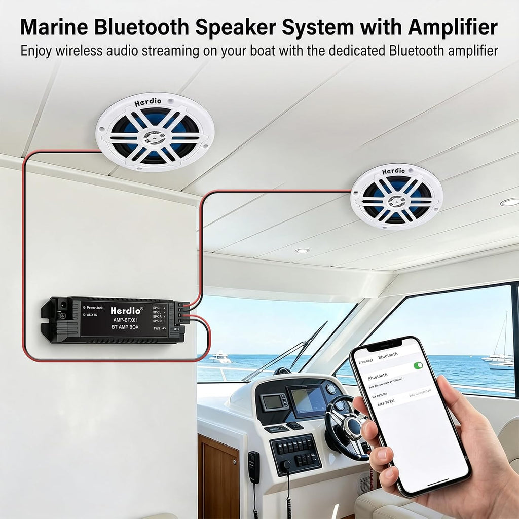 Herdio 6.5 Inch 350W Bluetooth Marine Speakers with Blue LED Light - 2 Way Waterproof Coaxial Speakers for Boats, ATVs, UTVs (A Pair, White)