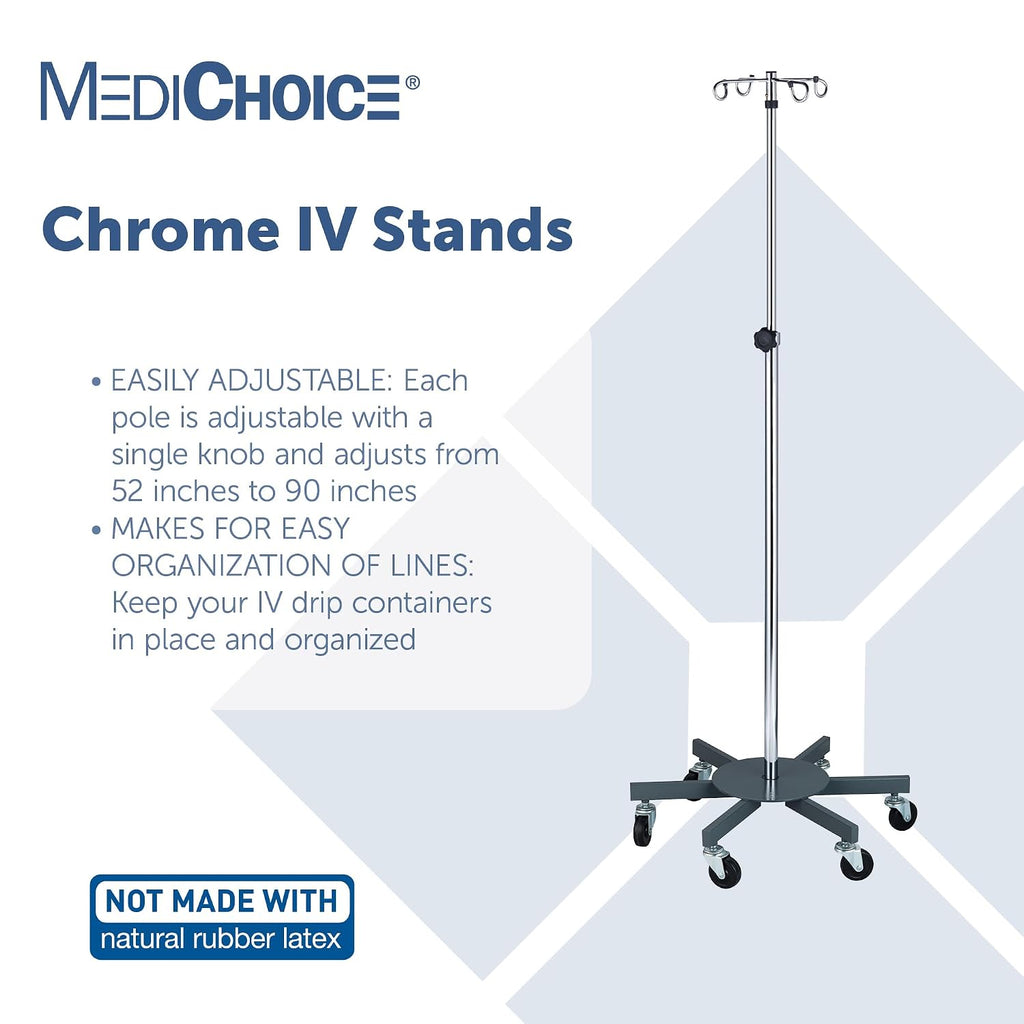 MediChoice Rolling IV Pole Rolling 4 Hook, 6-Leg Base, 45 lb Load, Adjustable 52-90 Inches, Chrome Plated Steel, 360Â° Casters, 1 Each