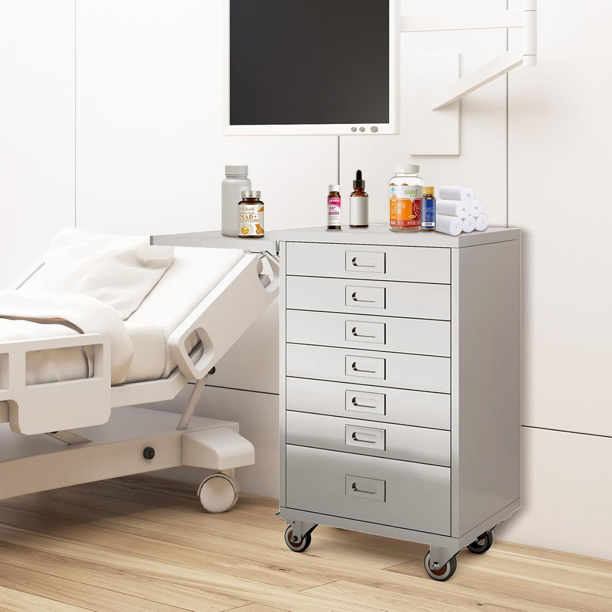 Stainless Steel Medical Dental Cabinet Cart with 7 Drawers, Mobile Storage