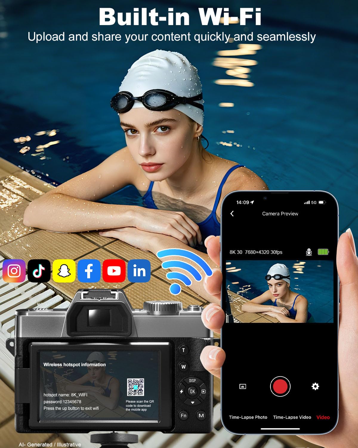 True 8K 64MP Digital Camera for Photography with Microphone(Black)