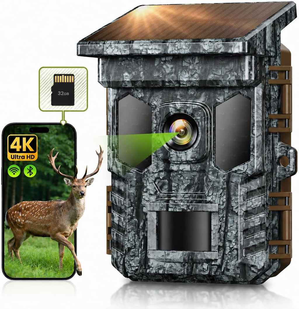 4K 64MP Solar Trail Camera WiFi, 32GB SD Card,Night Vision Motion Activated