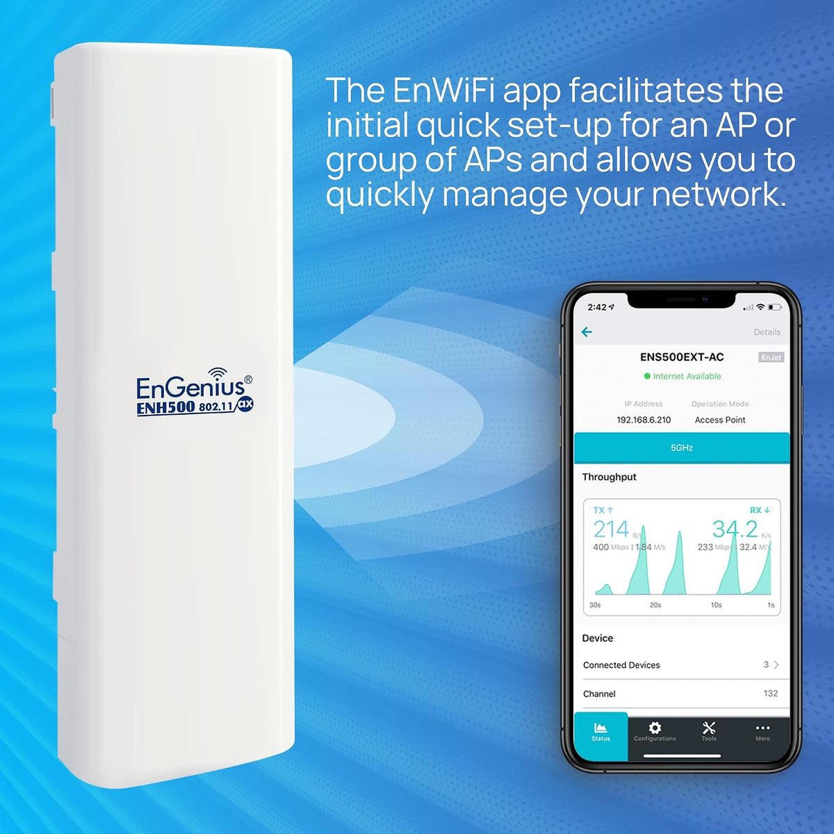 EnGenius ENH500-AX KIT 5GHz Wi-Fi 6 (802.11ax) 2x2 Outdoor Wireless Bridge, up to 1,200 Mbps, high 26 dBm Transmit Power, high gain 16 dBi Integrated Directional Antenna, IP55-rated (2-Pack)