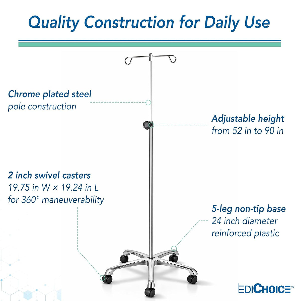 Medichoice IV Pole Rolling Stand â Adjustable 52â90 Inch Stainless Steel IV Stand with Wheels, 4 Hook IV Drip Holder, 5-Leg Base, 45 lb Capacity, Portable Medical IV Stand