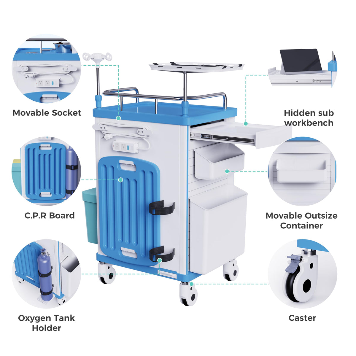 Medical Rolling Crash Cart with Integrated Medical Countertop