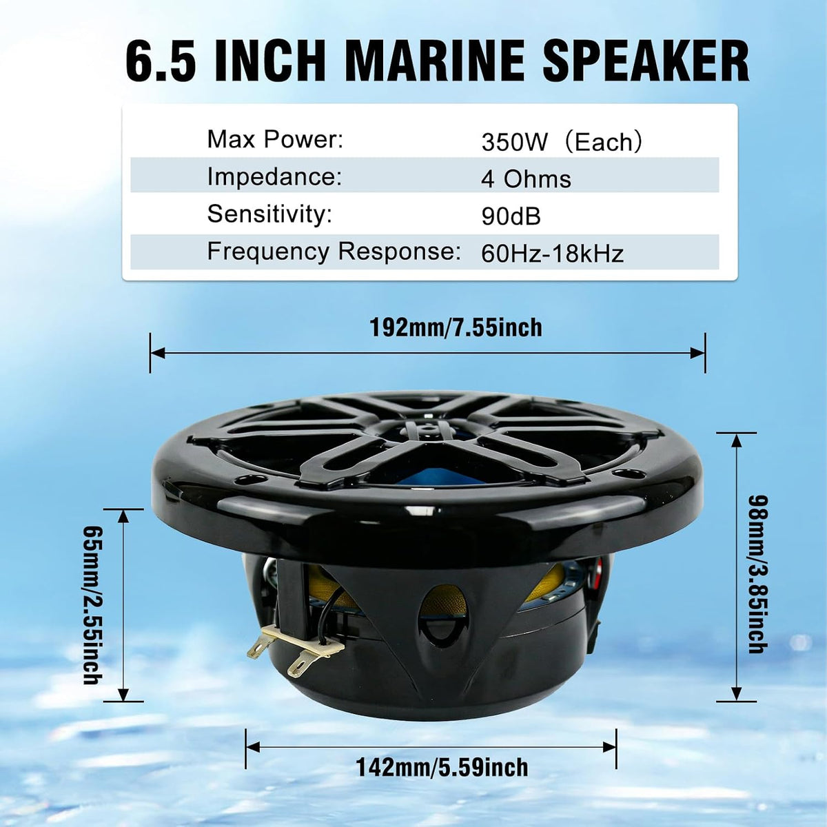Herdio 6.5 Inch 350W Bluetooth Marine Speakers with Blue LED Light - 2 Way Waterproof Coaxial Speakers for Boats, ATVs, UTVs (A Pair, Black)
