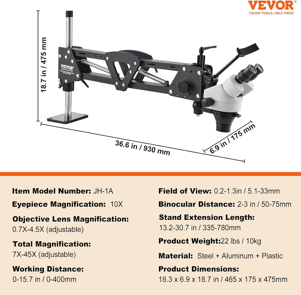 VEVOR Multi-Directional Microscope with Spring Bracket, Micro Jewelry Inlaid Stand, with Integrated USB Ring LED Light, 7X-45X Magnification Jewelry Microscope, Jewelers Microscope for Jewelry Inlay