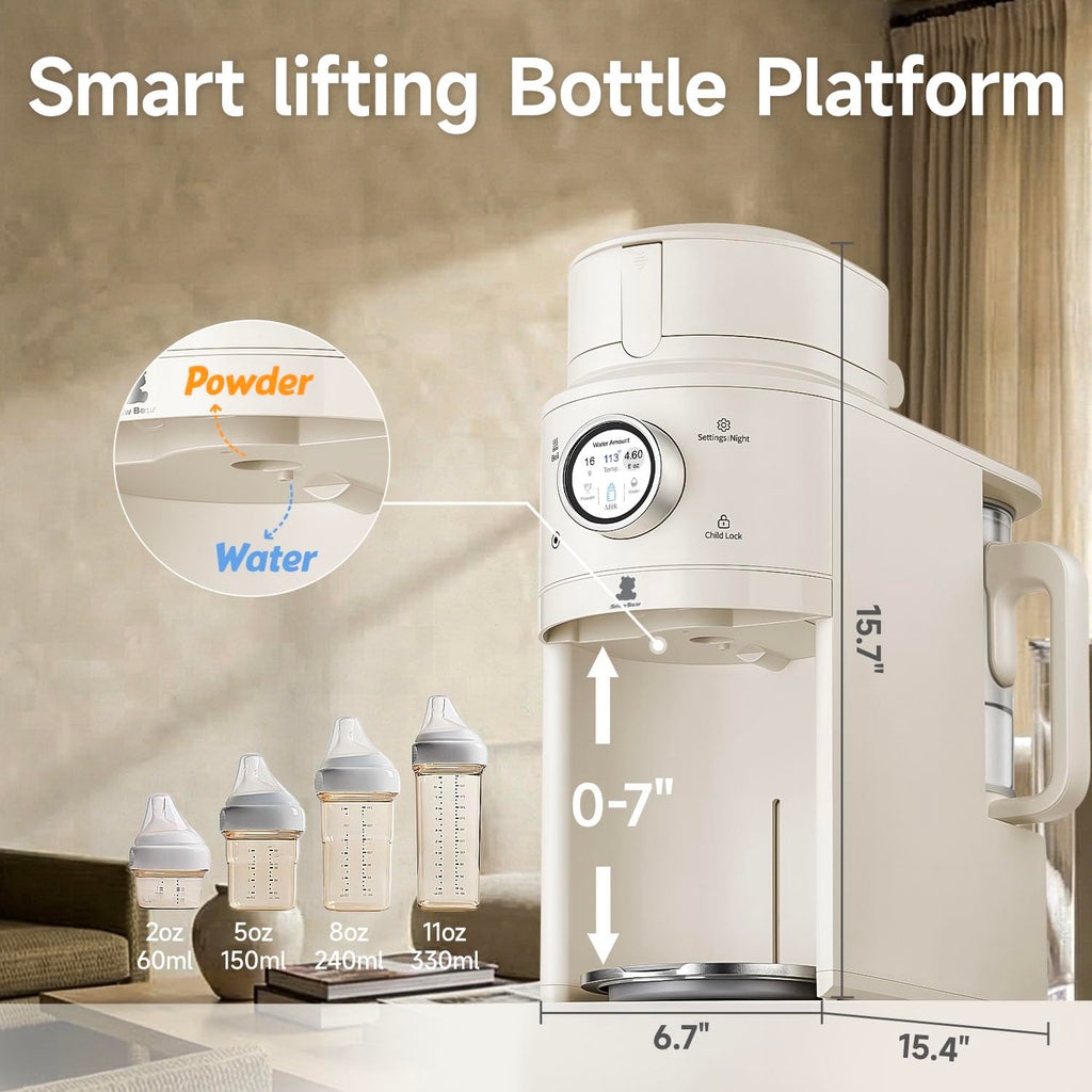 Snow Bear Baby Formula MakerâOne Touch Warm Formula Dispenser, Precise Powder Water Ratio & Memory Setting,Sealed Powder Container,Auto Lifting Platform for No Mess fit Most BottleâShake Milk by Hand