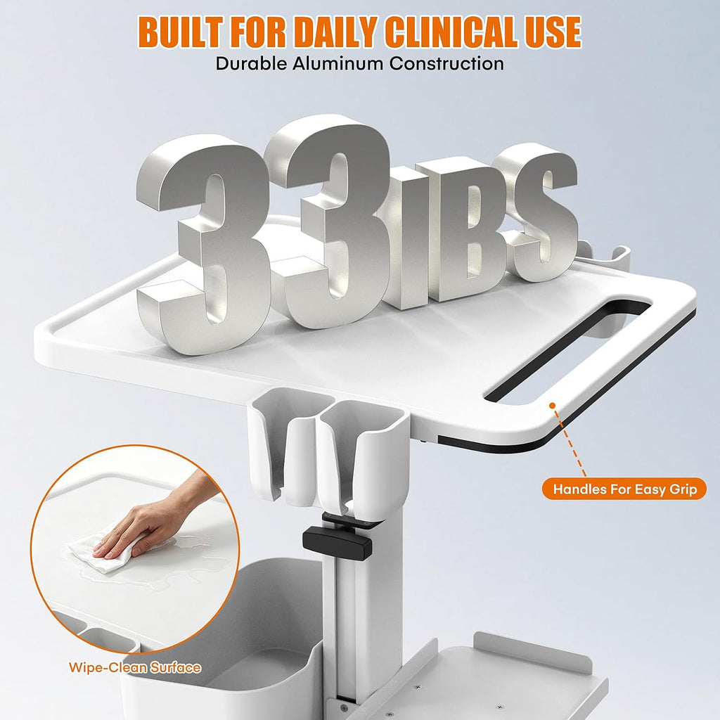 Medical Trolley Cart with Aluminum Alloy Frame, Oral Scanner Holder, Height Adjustable Workstation, 4 Locking Casters, Easy Assembly, Storage Basket for Dental Clinic, Medical Office and Beauty Salon