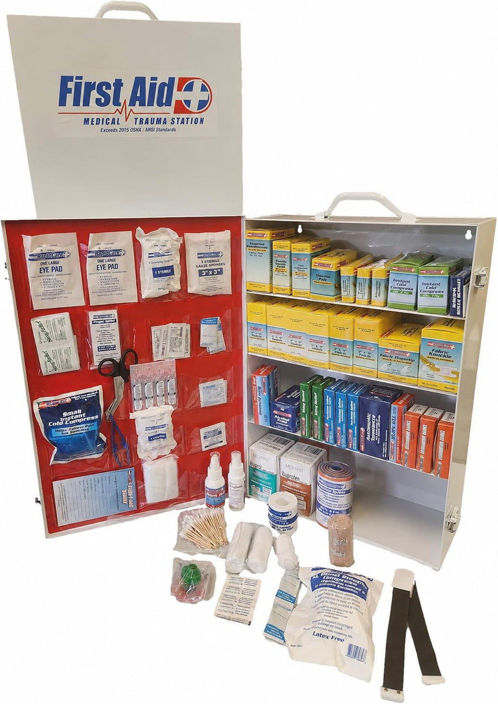 Rapid Care First Aid 80098 3 Shelf All Purpose First Aid Kit Cabinet, Class A+, Exceeds OSHA/ANSI Z308.1 2015, Wall Mountable