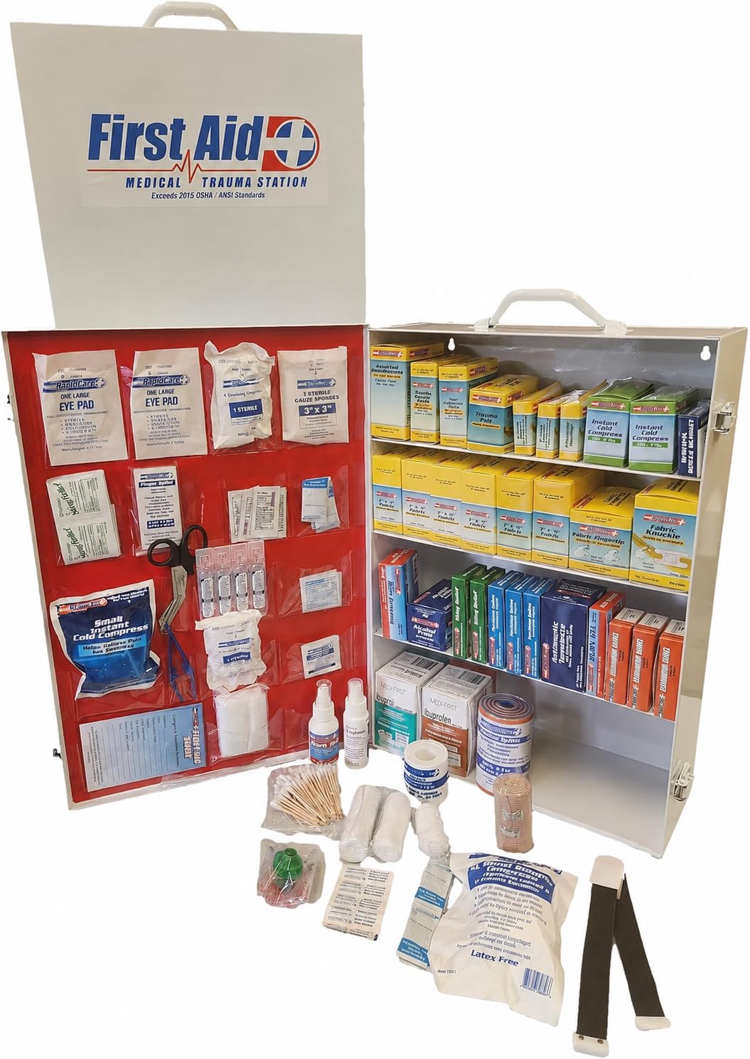 Rapid Care First Aid 80098 3 Shelf All Purpose First Aid Kit Cabinet, Class A+, Exceeds OSHA/ANSI Z308.1 2015, Wall Mountable