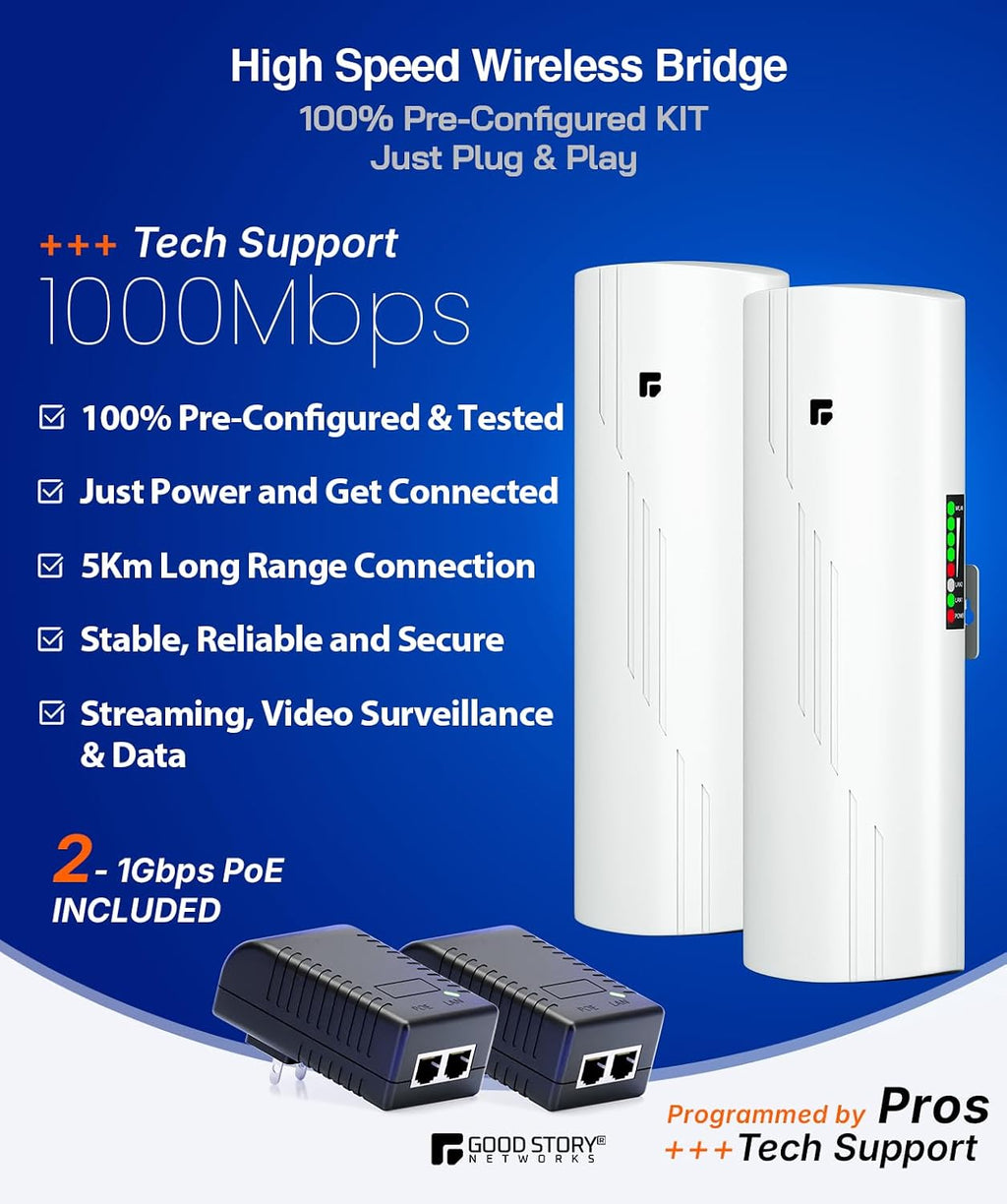 Wireless Bridge Point to Point Outdoor WiFi, Wireless Network Expansion Kit, Long Range High Speed 5G | 2 Units Bridge Kit Complete Pre-Configured - P2P 1000Mbps 5Km(2Pack)