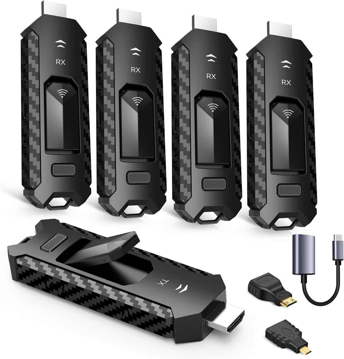 Wireless HDMI PRO- Transmitter and Four Receiver, Portable Multi-TVs Extender Kit, Plug and Play, Heat-Control, 5.8G/2.4G @60Hz 165FT/50M, Stream Video Wirelessly from Laptop to Multiple HDTVs/Monitor