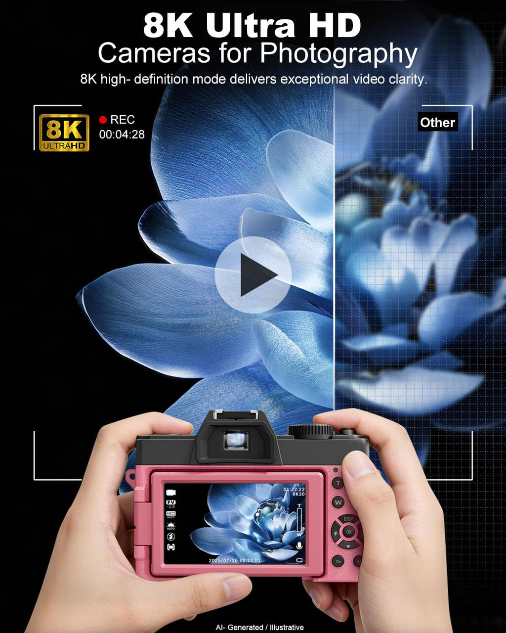 True 8K 64MP Digital Camera for Photography with Microphone(Black)