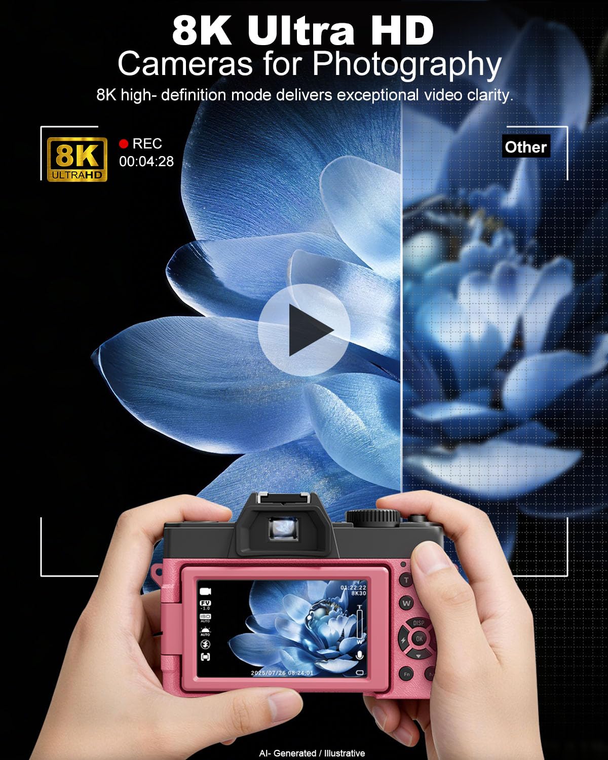 True 8K 64MP Digital Camera for Photography with Microphone(Black)