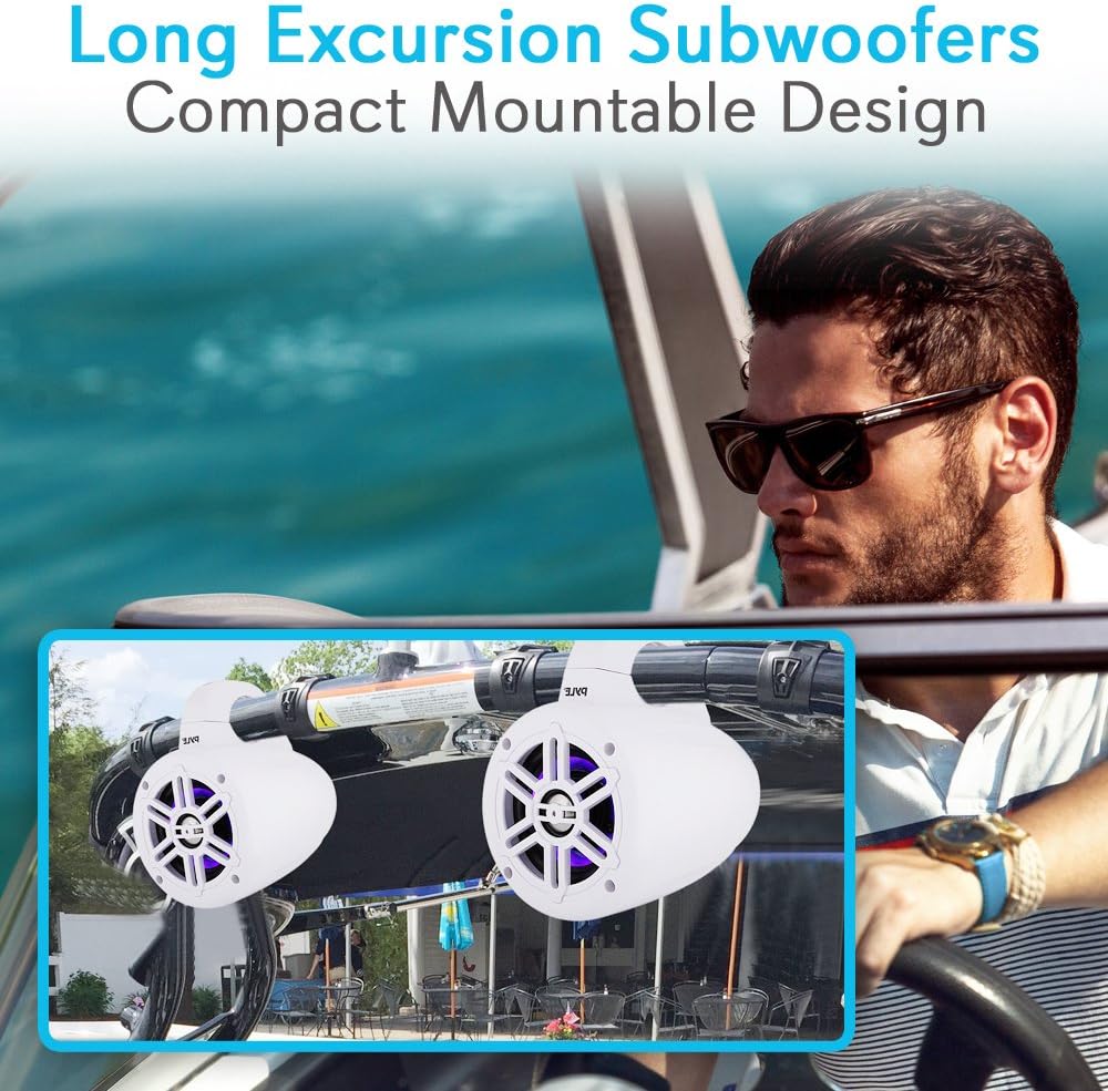 Pyle Waterproof Marine Wakeboard Tower Speakers - 4in Dual Subwoofer Speaker Set w/LED Lights & Bluetooth for Wireless Music Streaming - Boat Audio System w/Mounting Clamps PLMRLEWB47WB (White)