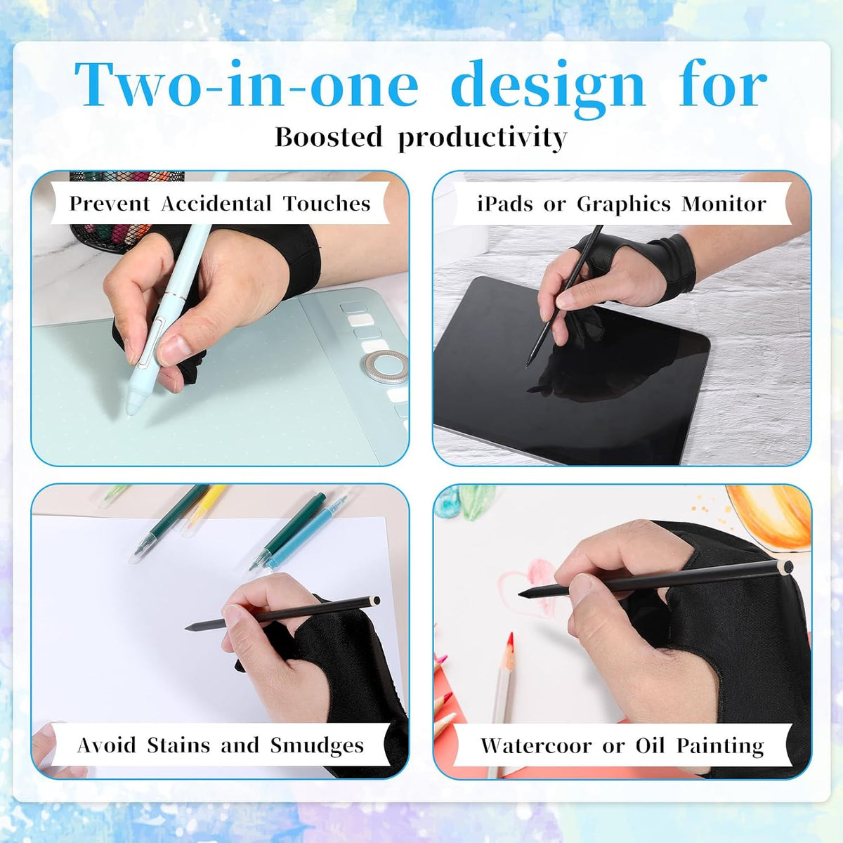 Giantree 2 Pcs Digital Drawing Glove, 3-Layer Palm Rejection Artist Glove for Drawing Graphics Monitor Tablet Paper Sketching
