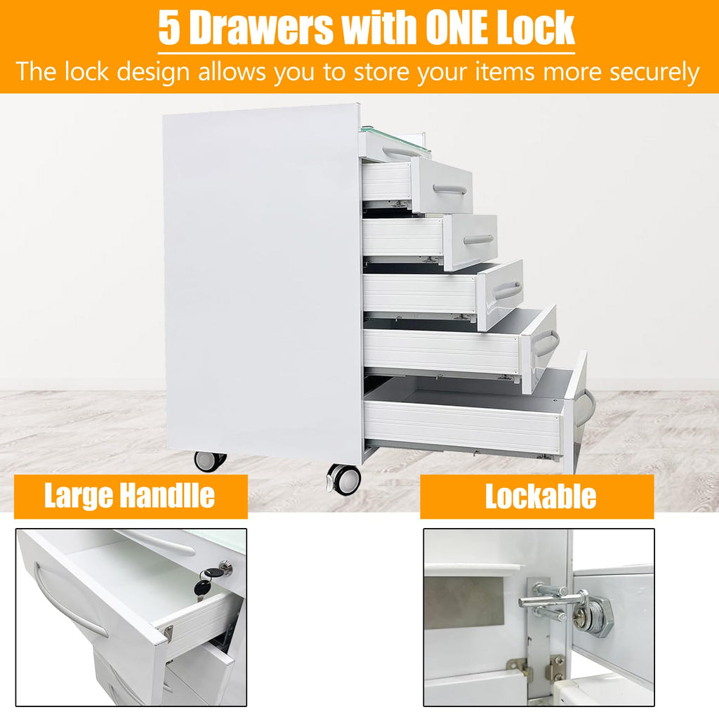 TECHTONGDA Dental Assistant's Mobile Cabinet 5 Drawer Medical Dental Mobile Cart, Stainless Steel Moving Storage Cabinet Utility Cart with Lock and 4 Casters for Office Clinic Hospital