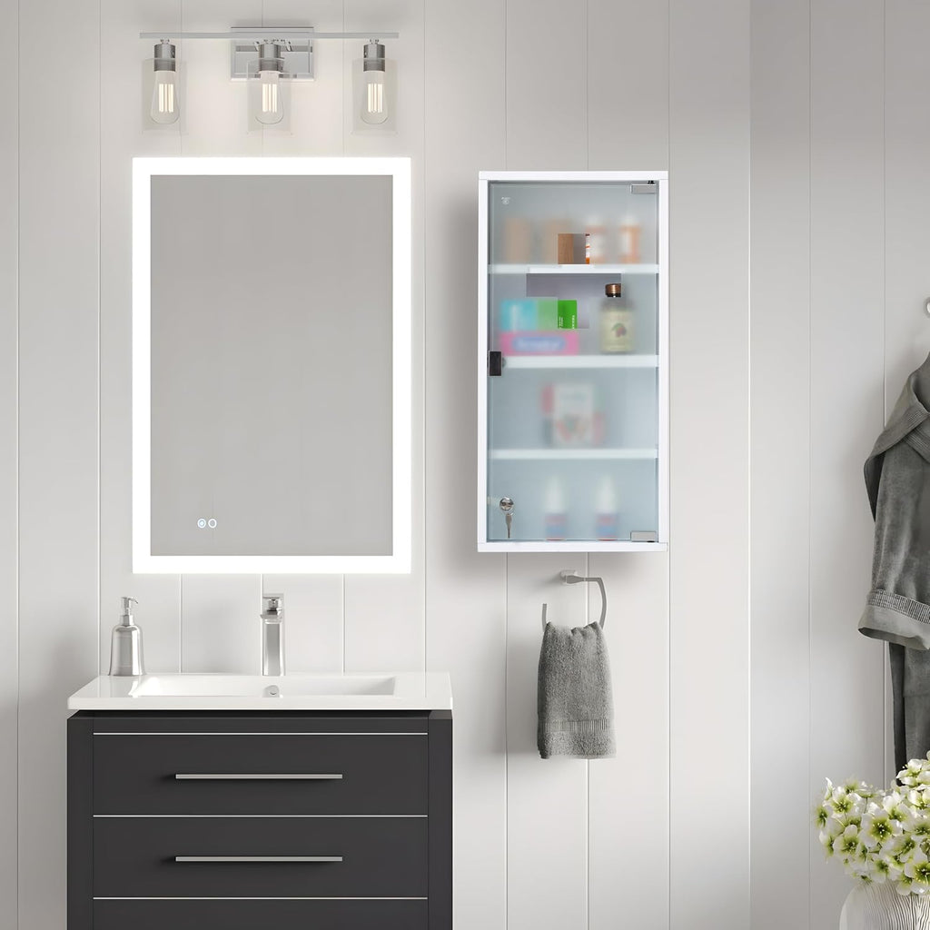 Metal Medicine Cabinet with Lock, Frosted Tempered Glass Door