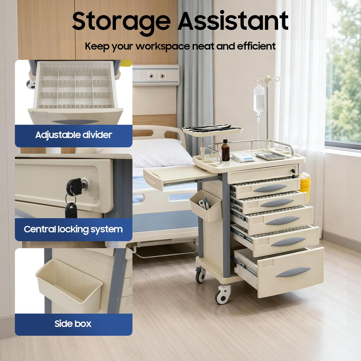 Medical Rolling Crash Cart with Accessories-CPR Board, 2 Trash Bin, Power Strip, Drawers with Dividers, Mobile Medical Cart for Clinic, Hospital, Nursing Center, Salon, 29.53 * 18.7 * 37.4in (Red)