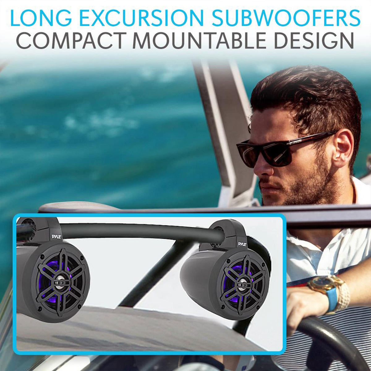 Pyle Waterproof Marine Wakeboard Tower Speakers - 4in Dual Subwoofer Speaker Set w/LED Lights & Bluetooth for Wireless Music Streaming - Boat Audio System w/Mounting Clamps PLMRLEWB47WB (White)