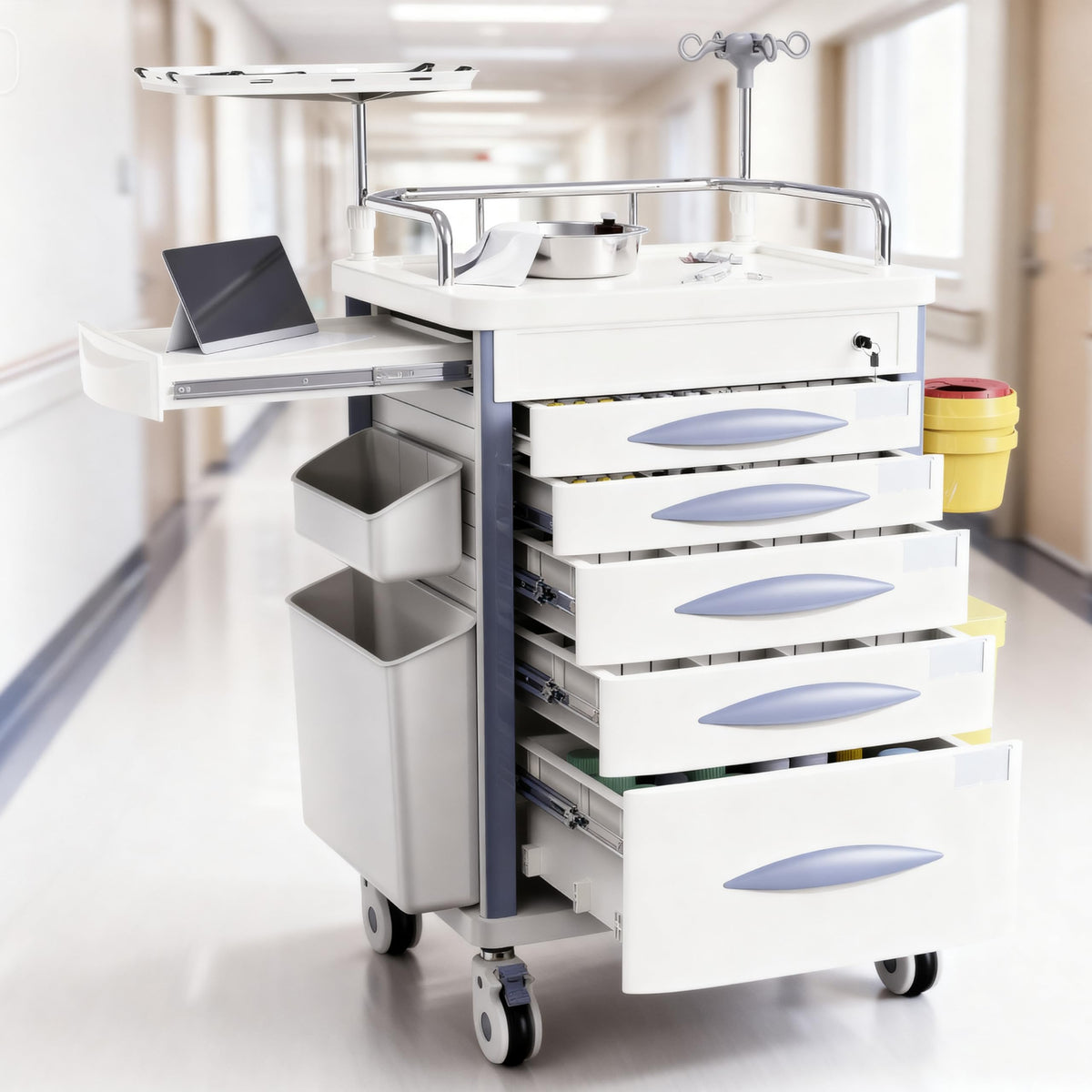 Medical Rolling Crash Cart with Integrated Medical Countertop