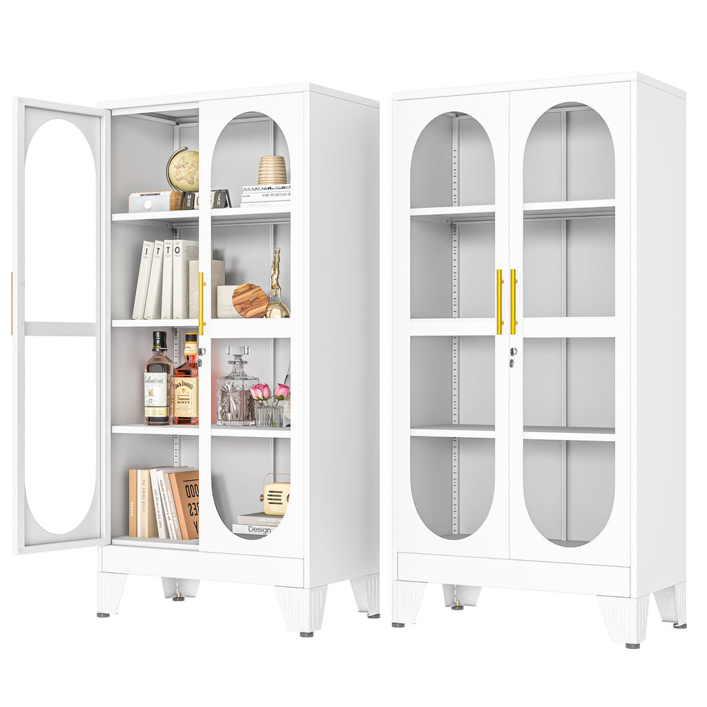 PAOFIN 47" H Locking Display Cabinet with Glass Door, Metal Cabinets with 3 Adjustable Shelves, Cabinet Display Case for Living Room, Collectibles, Clinic, Home - Assembly Required White