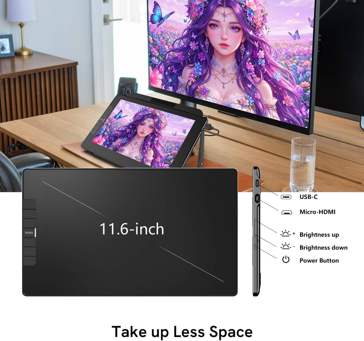 VEIKK VK1200 V3 Drawing Tablet with Screen 11.6 Inch Full Laminated Pen Display, 16384 Levels Pressure Sensitivity, with Adjustable Stand, 2 Battery-Free Pens & Glove