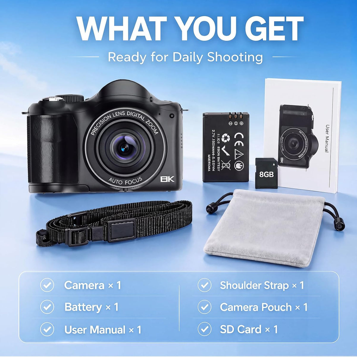 Vlogging Camera with Dual-View Recording, WiFi & Dual Cameras, 2000mAh, 8K