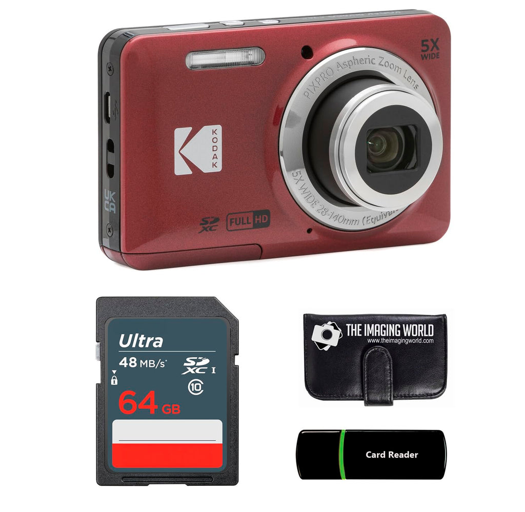 Kodak PIXPRO FZ55 Black 16MP Digital Camera 5X Optical Zoom 28mm Wide Angle 1080P Full HD Video 2.7" LCD Camera + 64GB Card and Reader + Memory Wallet