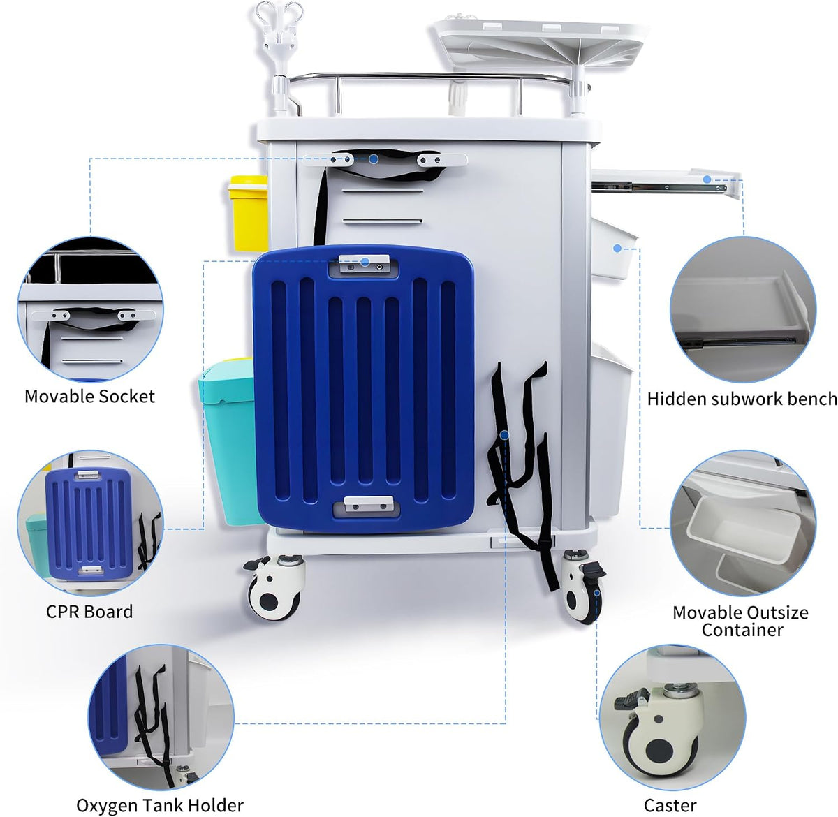 FDA Approved 5-Tier Medical Crash Cart with Auto-Sensing LED Lights