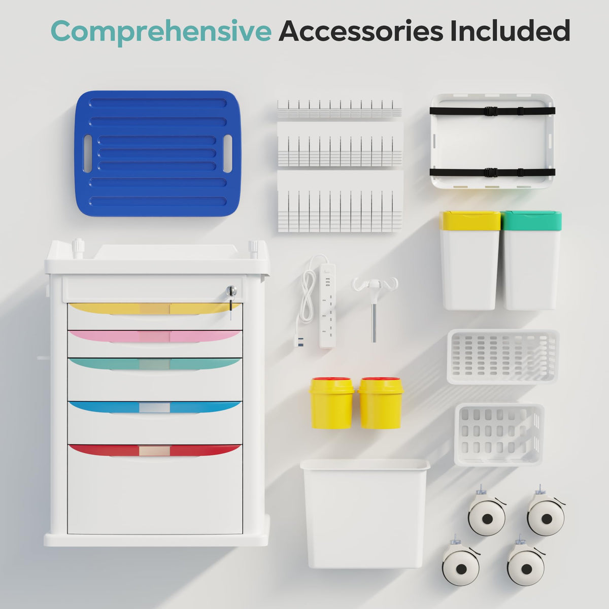 Medical Rolling Storage Crash Cart with Wheels, 5-Tier Medical Cart with Drawers, Adjustable IV Pole, Trash Bin & O2 Holder, Needle Disposal Holder, Silent Casters, Ideal for Hospitals (Grey)