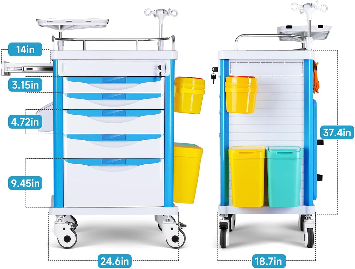 Crash Cart Medical ABS Material, Medical Cart with Drawers, Adjustable IV Pole, Silent Casters, Trash Bins, O2 Holder, Needle Disposal Holder, CPR Board, Nursing Cart for Hospital Clinic