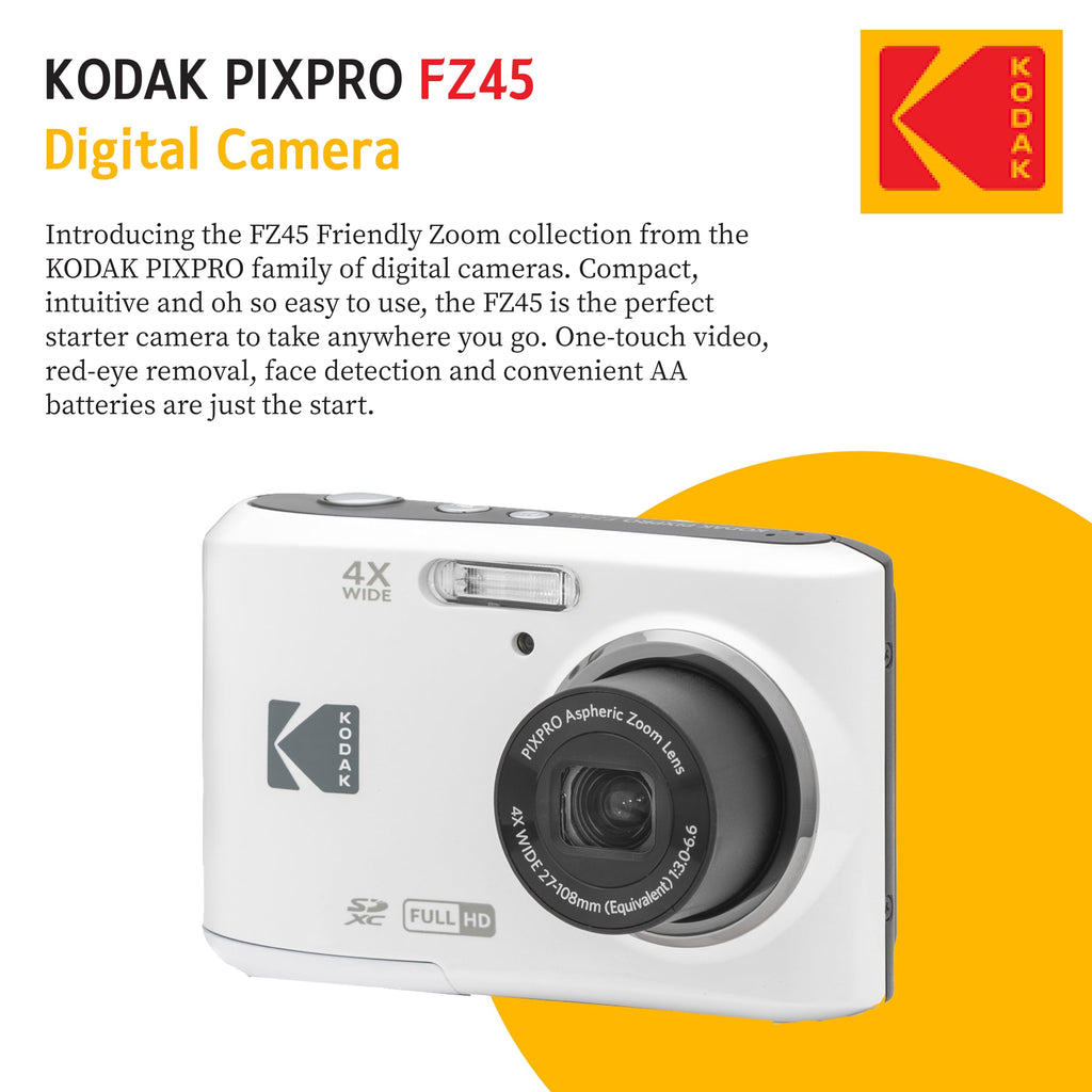 KODAK PIXPRO FZ45 16MP Digital Camera with 4X Optical Zoom 27mm Wide Angle and 2.7" LCD Screen Bundle with 32GB SD Memory Card, AA Batteries (4 Pack), Lens Cleaning Cloth (Red)