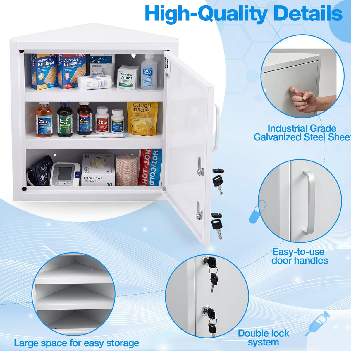 Zonon Corner Wall Cabinet with Lock, White, 21 x 16 x 6 Inch, Right Angle