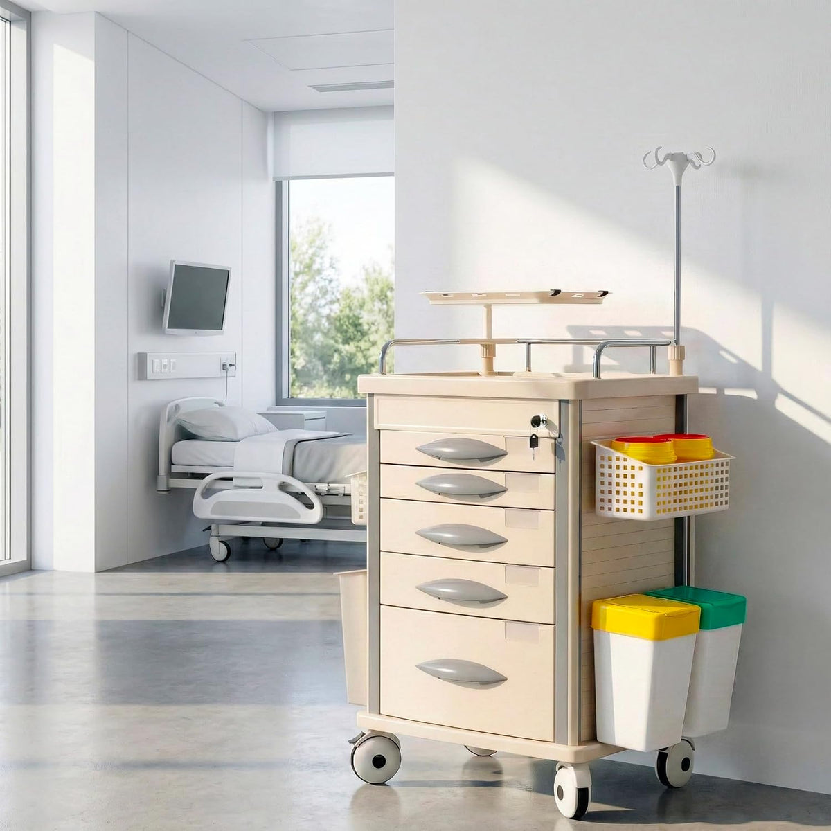Medical Rolling Storage Crash Cart with Wheels, 5-Tier Medical Cart with Drawers, Adjustable IV Pole, Trash Bin & O2 Holder, Needle Disposal Holder, Silent Casters, Ideal for Hospitals (Grey)