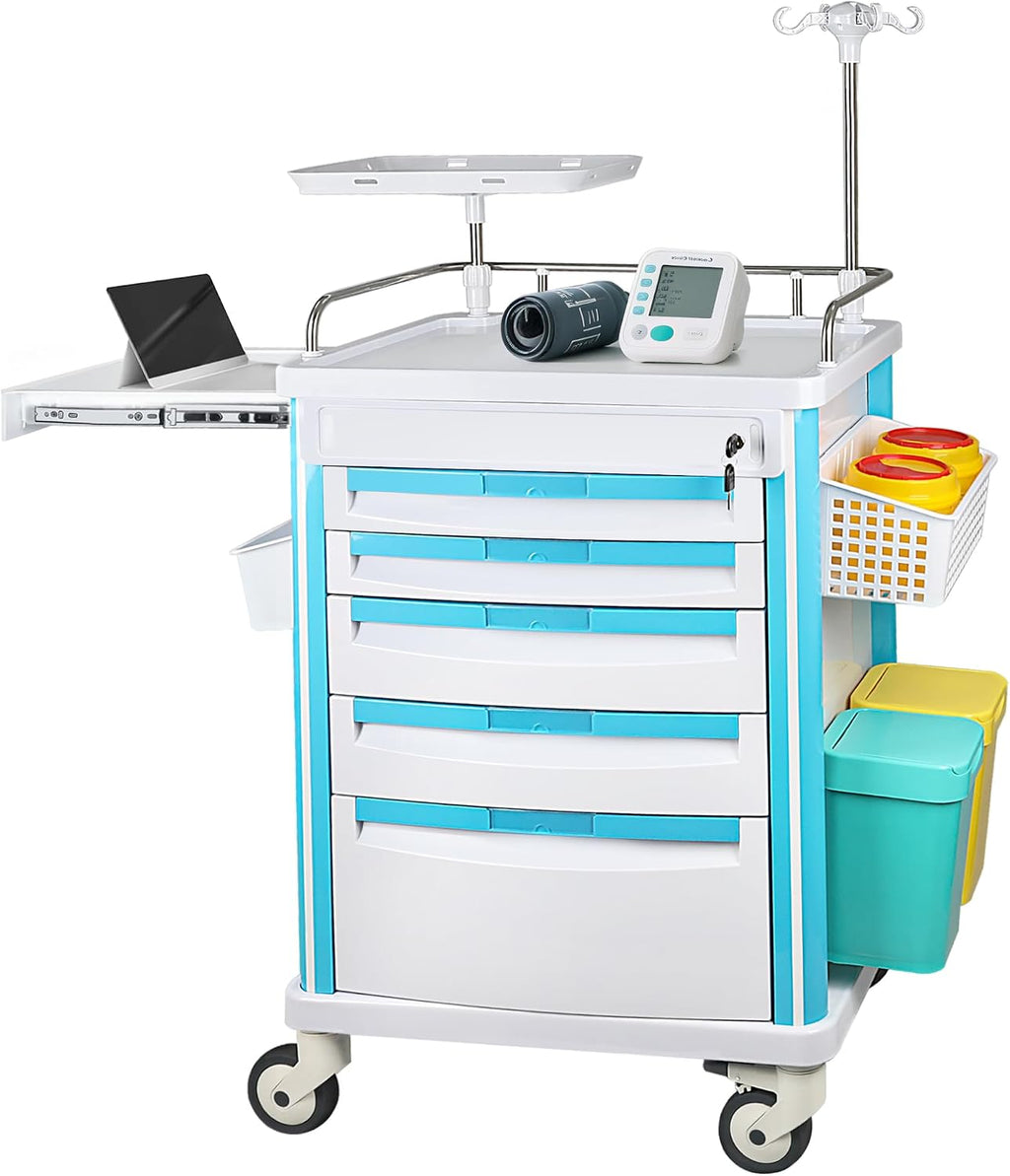 5-Tier Medical Storage Crash Cart with 4 Silent Wheels & 2 Trash Cans, Mobile Medical Utility Cart with Adjustable IV Pole and Disposal Holder for Clinic, Hospital, Salon, Lab