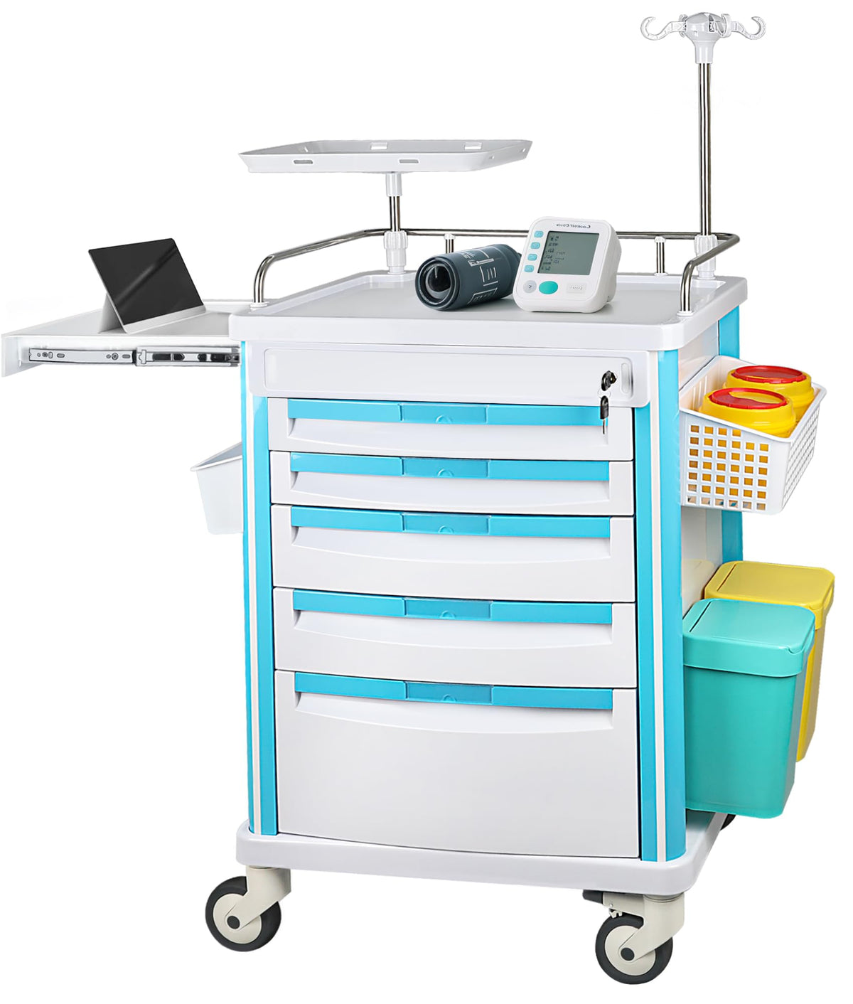 Medical Rolling Storage Crash Cart Silent Casters & 5 Drawer, Ultrasound Emergency Cart with Power Strip,IV Pole,Needle Disposal,O2 Holder, Medical Cart for Hospital, Clinic, Grey/5 Drawer
