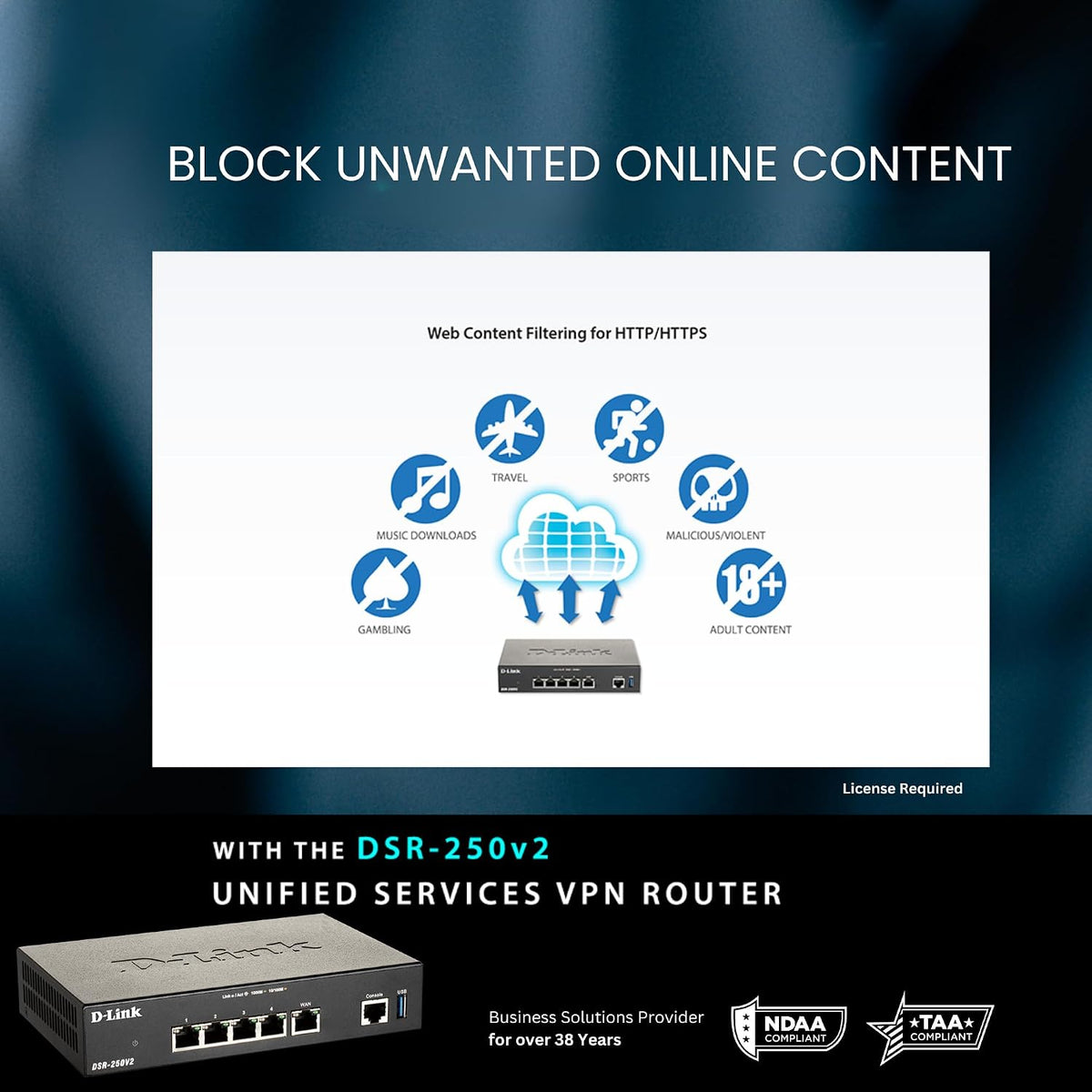 D-Link Gigabit VPN Router âPerfect for Remote and Hybrid Work â4 Port Gigabit Dual WAN Failover âEnterprise-Grade Encryption âFollows TAA/NDAAâLimited Lifetime Protection (DSR-250V2)