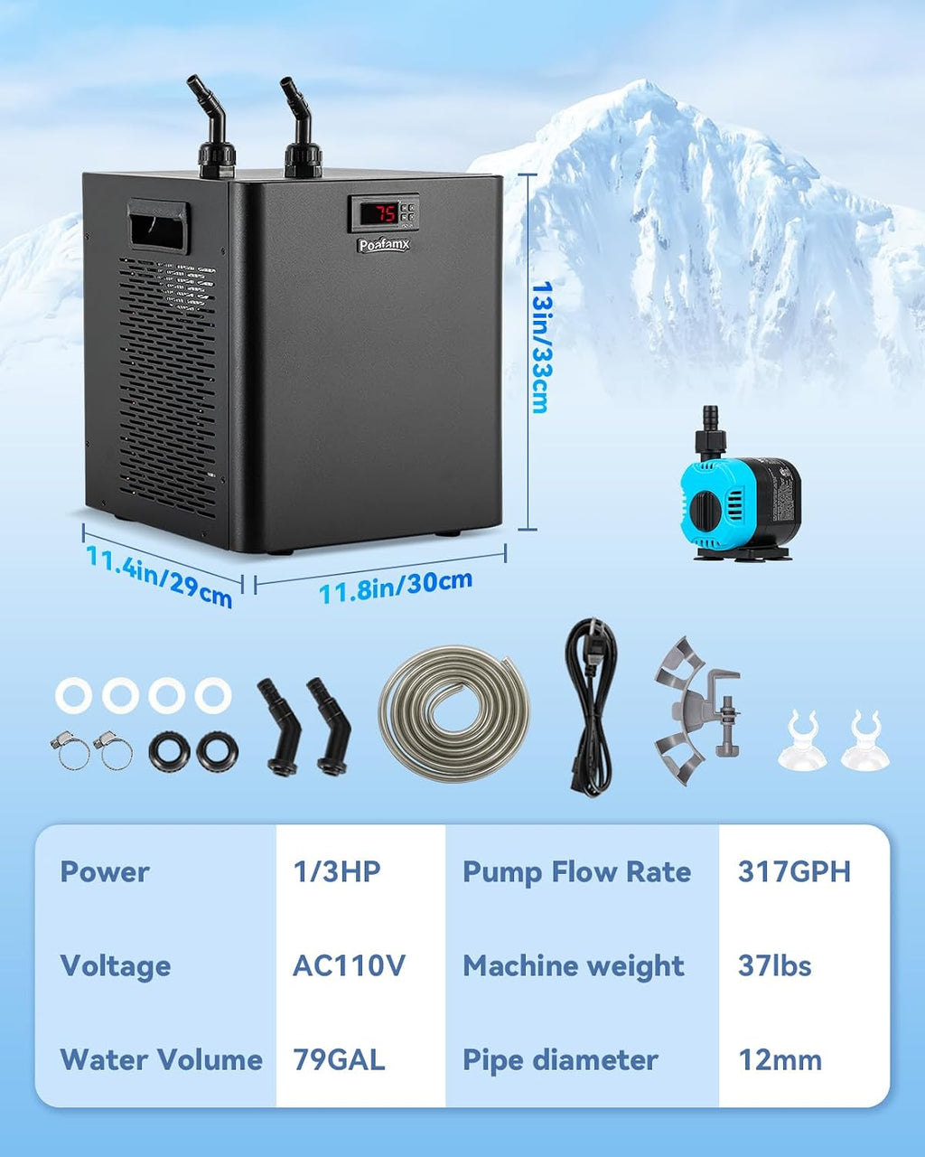 Poafamx 1/3 HP Aquarium Chiller, Quiet Fish Tank Water Chiller 40-80 Gal