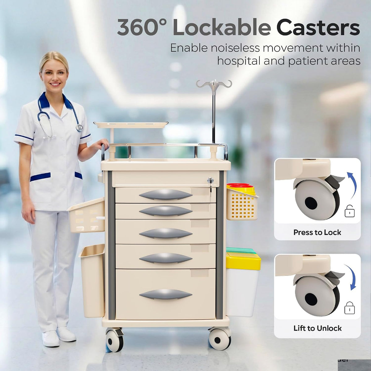 Medical Rolling Storage Crash Cart with Wheels, 5-Tier Medical Cart with Drawers, Adjustable IV Pole, Trash Bin & O2 Holder, Needle Disposal Holder, Silent Casters, Ideal for Hospitals (Grey)