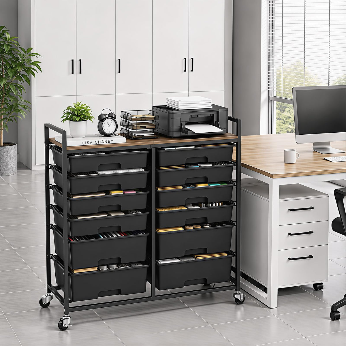 TOOLF 12 Drawers Rolling Storage Cart with Wooden Top for Classroom,White