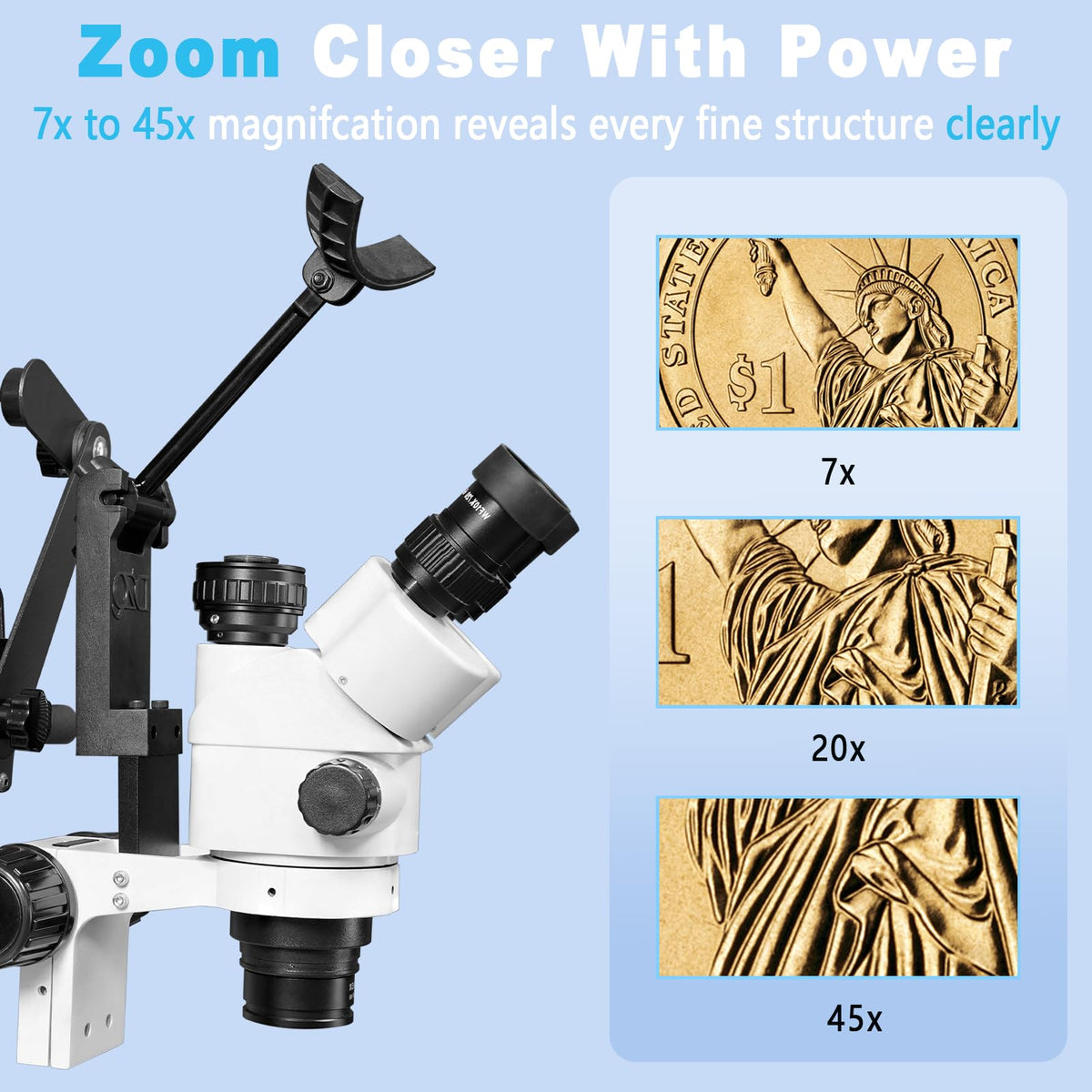 DZQ Jewelry Trinocular Microscope with Camera, 7X-45X Magnification