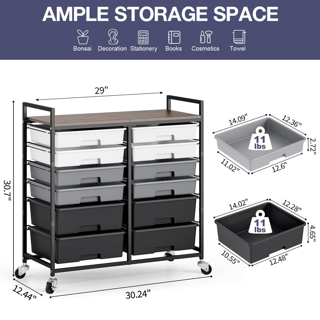 TOOLF 12 Drawers Rolling Storage Cart with Wooden Top for Classroom,White