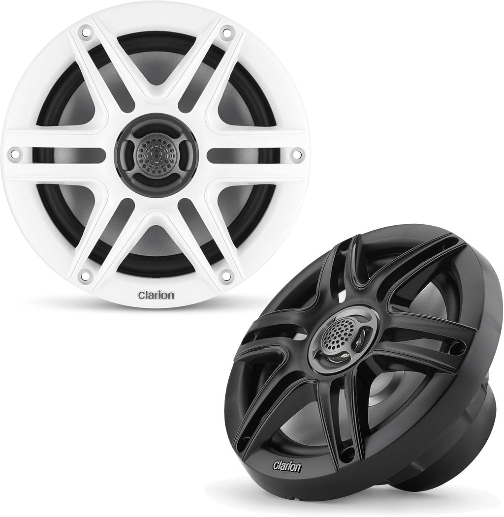 Clarion CMS-651-SWB 6.5-inch Coaxial Marine Speakers 30W RMS Power handling 1/2-inch (13 mm) Polymer Dome Tweeter Includes White & Black Sport Grilles
