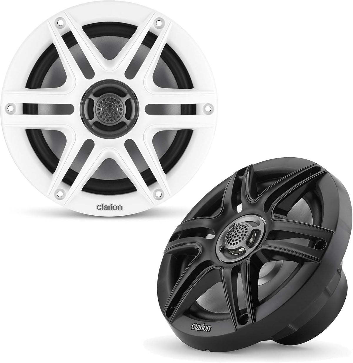 Clarion CMS-651-SWB 6.5-inch Coaxial Marine Speakers 30W RMS Power handling 1/2-inch (13 mm) Polymer Dome Tweeter Includes White & Black Sport Grilles