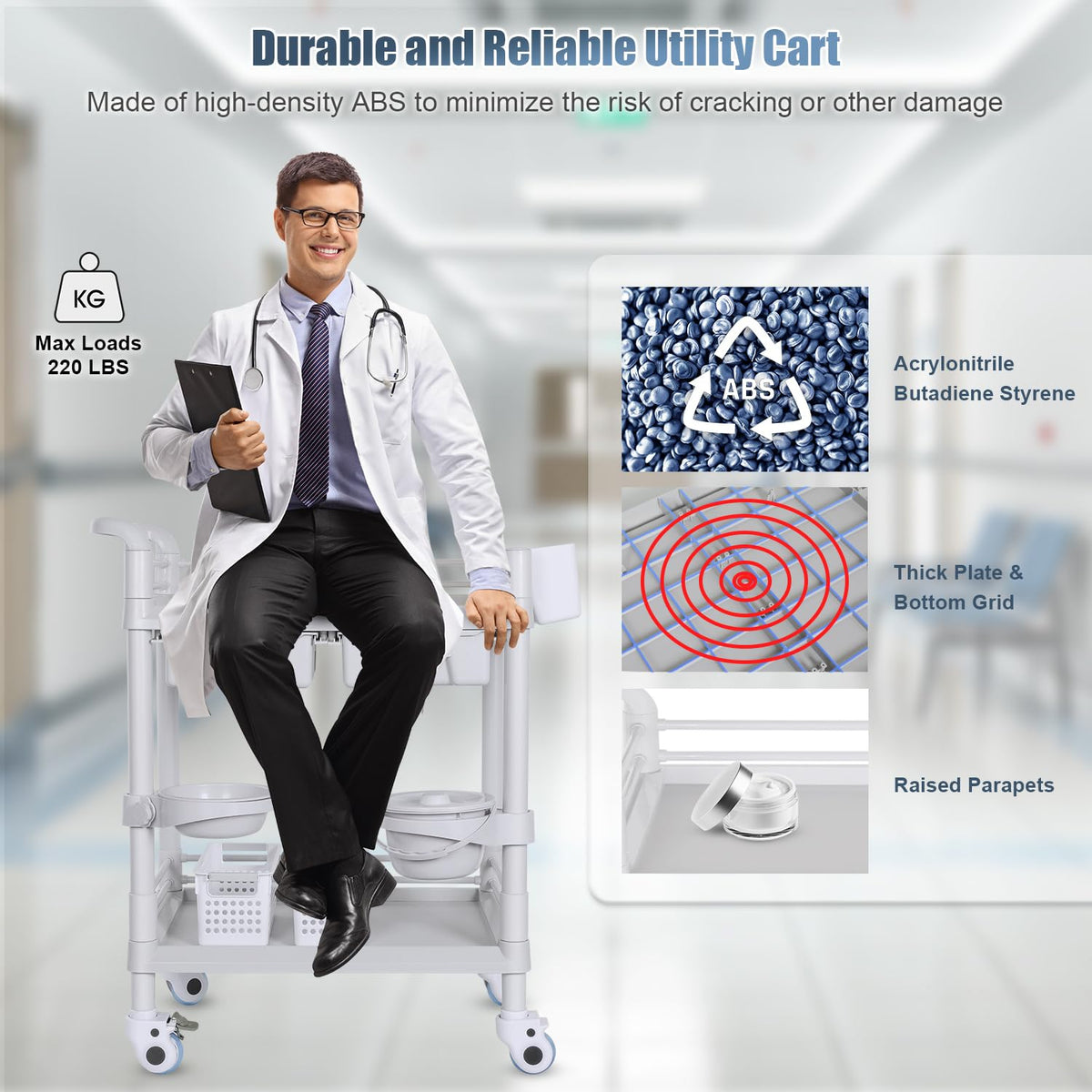 Mobile Medical Cart 3-Tier Professional Utility Cart 330 LBS Max Load